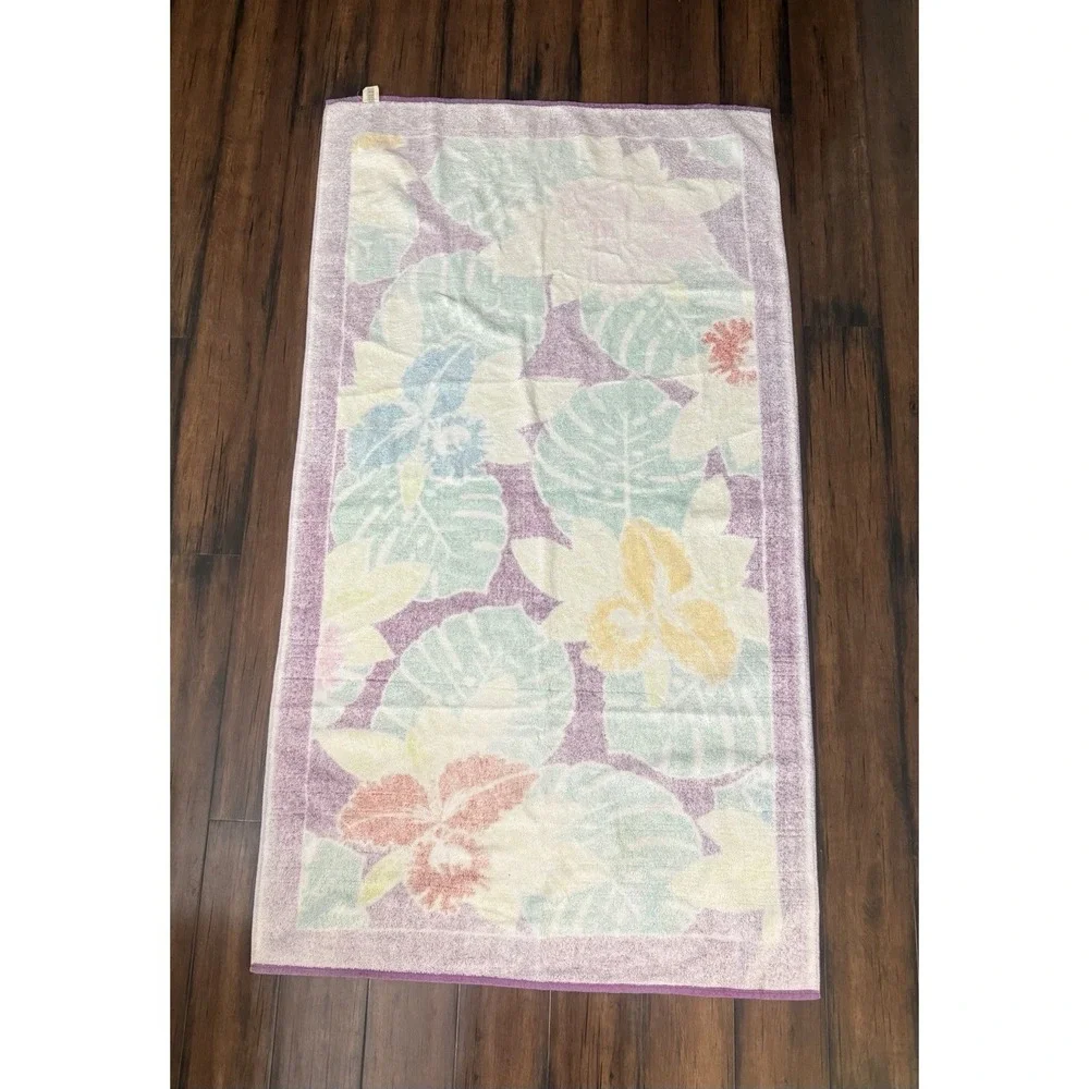 VTG 70s Hawaiian Floral Beach Bath Towel MCM Boho Bright Vibrant Purple Cannon